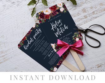 Printable Wedding Program INSTANT DOWNLOAD, Paddle Program, Program Fan, DIY Wedding Ceremony, Templett, Editable pdf, Navy Blue, Marsala