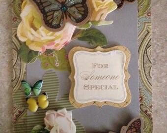 Happy Birthday Card (For Someone Special)/Handmade Card/3D/Features Yellow Roses w/Paisley Background/Plenty of Beautiful Butterflies