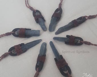 Blue Kyanite Necklace, Raw Stone Wrap Jewelry, Hemp Leather Wrap