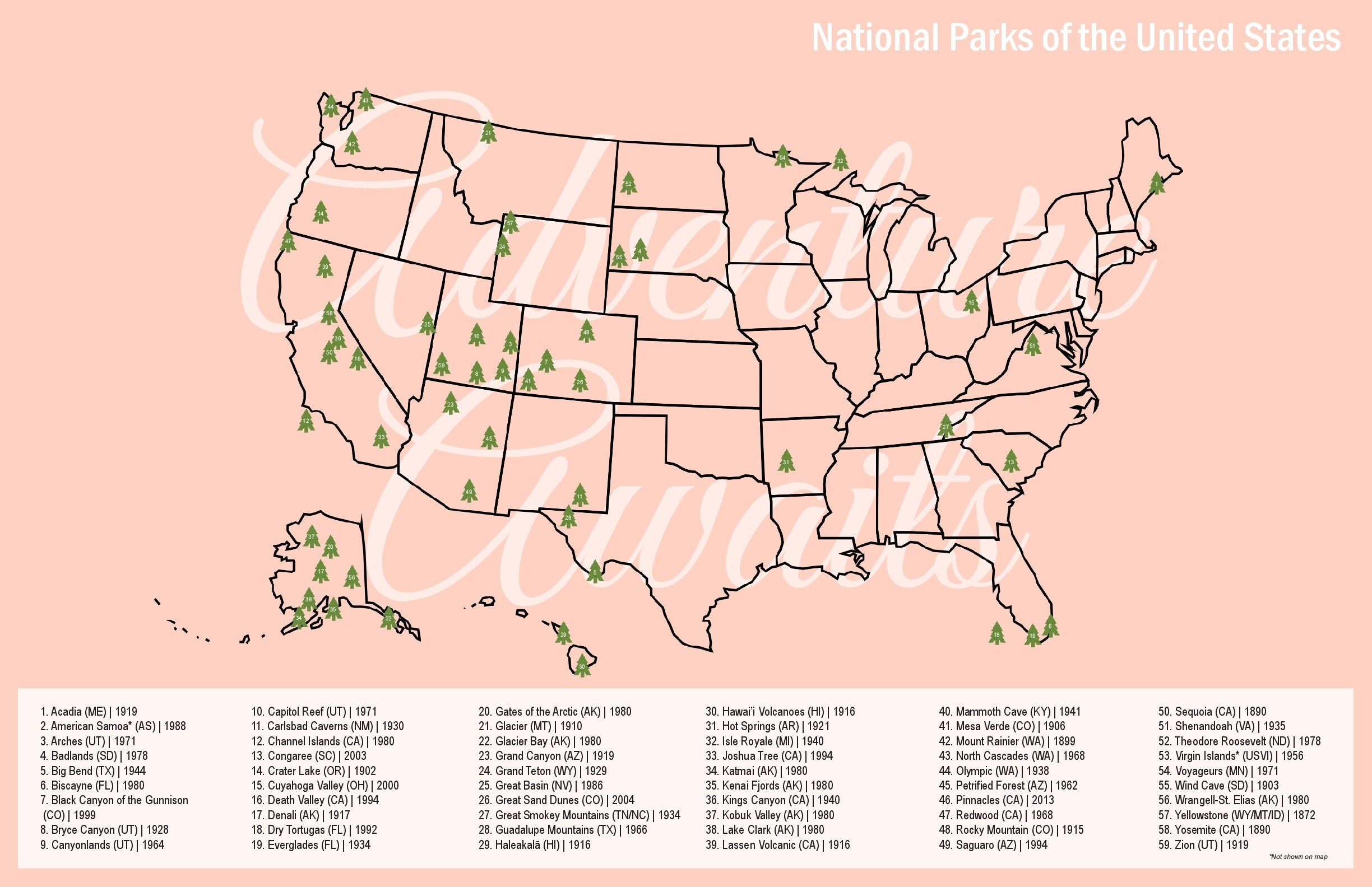 us national park map print travel map 11x17 illustrated