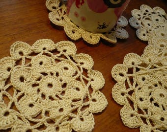 set of 6 coasters, made in ecru cotton crochet doily