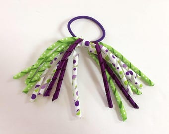 Toddler Girl Korker Ribbon Hair tie, Hairbows, Ponytail Holder, Ribbon Hair Accessory - Purple Green Polka Dots