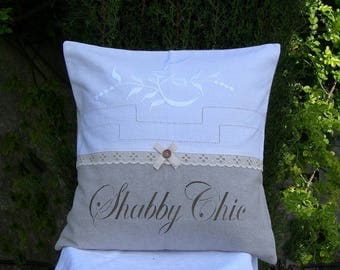 Pillow is romantic and shabby chic metis and old linen with inscription in painting