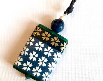 Handcrafted pendant in a gift card- blue, white and gold cherry blossom floral