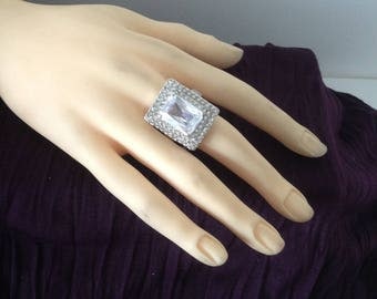 Silver ring rectangular stone & rhinestones size 58