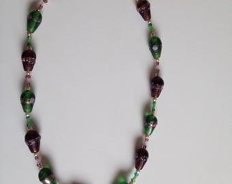 Green and purple Venetian glass beaded necklace