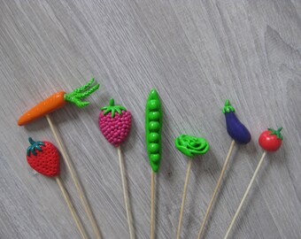 Decorative pins for garden fruits or vegetables in fimo (sold individually or as a set)
