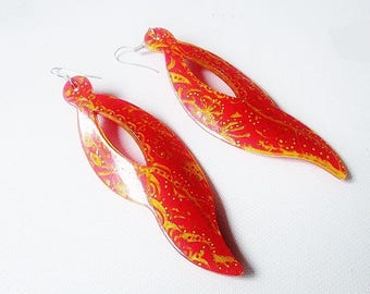 On earrings, dangle earrings, red, orange, yellow, Mexican ethnic, boho
