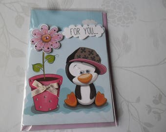 x 1 card double 3D multicolored Penguin motif + envelope blue 18 x 12 cm