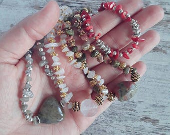 Gemstone necklaces for crystal healing, new age stylish collier, bohemian gift idea for her, original and hippie style, gift under 20 euros
