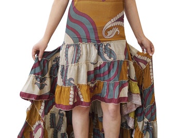 Swirling Hi Low Dress Recycled Silk Printed Strapless Fishtail Candy Gypsy Spring Summer Dresses M/L