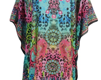 Womens Short Caftan Rhinestone Flowy Resort Wear Blue/Pink Printed Georgette Beach Cover Up Gorgeous Kaftan Dress One Size