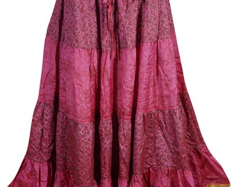 Just One Look Recycled Silk Skirt Full Flared Printed Bellydance Vintage Long Pink Gypsy Maxi Skirts