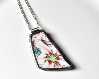Broken China Jewelry Pendant - Pink Flower