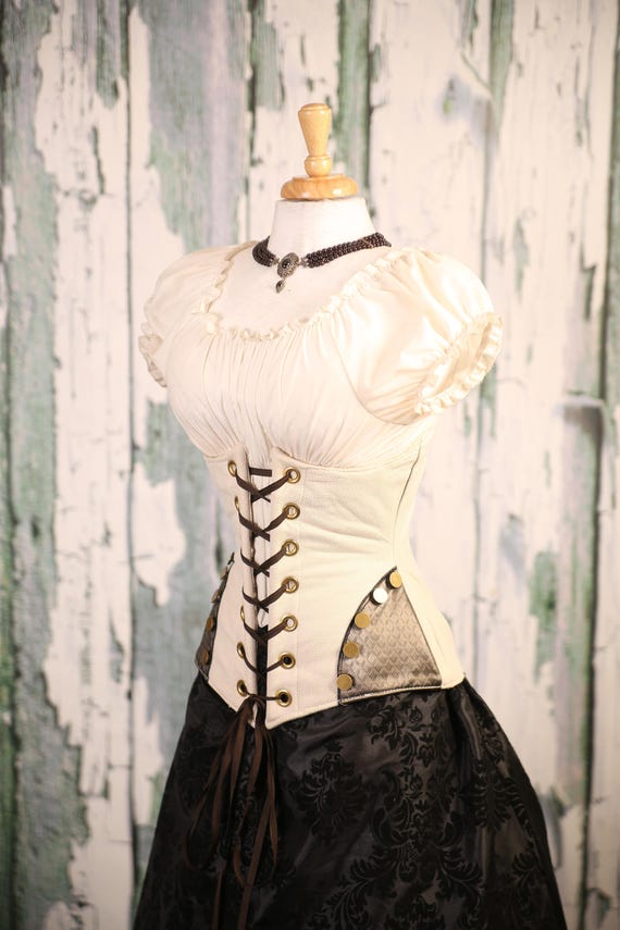 Waist 36-38 Ivory Faux Leather Wench Corset with Hipster Patch by damselinthisdress steampunk buy now online