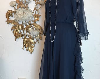 1960s dress navy blue dress vintage dress size medium chiffon dress 60s does the 20s flapper style dress miss elliette 29 waist