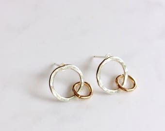 Mixed metal double circle post earrings