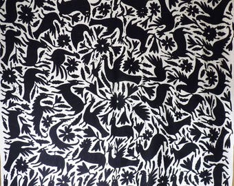 Black Otomi Fabric Wall Hanging Bedspread Mexico Hand Embroidered 180 x 185 cm/ 71"x 73