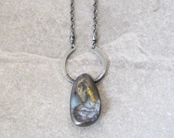 boulder opal necklace, rustic pendant necklace, metalwork necklace, sterling silver brown stone necklace, oxidized silver, stone necklace