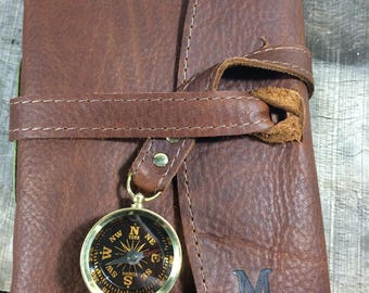 Custom Small Leather Travel Journal with Compass, Map, and Initials