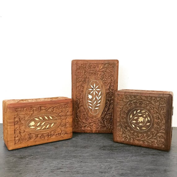 vintage carved teakwood box wood jewelry trinket keepsake