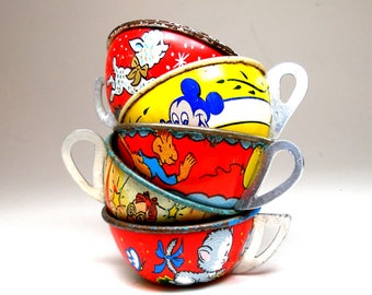 50s Tin Toy Tea cups, Mickey, Minnie, monkey, Little Lamb, Instant Collection. Primary colors.