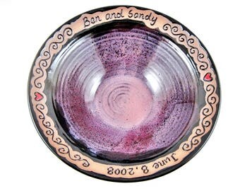 Pottery wedding bowl, Personalized Ceramic wedding gift, black and purple serving bowl - 2 names and date ONLY