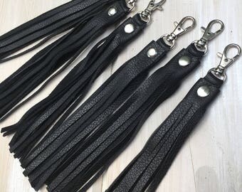 Black Leather tassel key chain, purse charm, key fob, bag charm, key ring, zipper pull, nickel hardware, 6" long