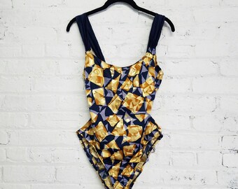 80s one piece bathing suit / 1980s blue and gold Sessa swimsuit / minimalist abstract print swim suit
