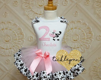 For all sizes - Cow Birthday Tutu Outfit - Farm - Cow print and pink - Includes top and ruffled tutu - More colors/animals available