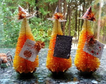 Halloween Bottle Brush Trees Candy Corn, Set of 3 Small Decorated Glitter Trees, Witch Hats, Tinsel, Display Trees 5 1/2" Tall OOAK