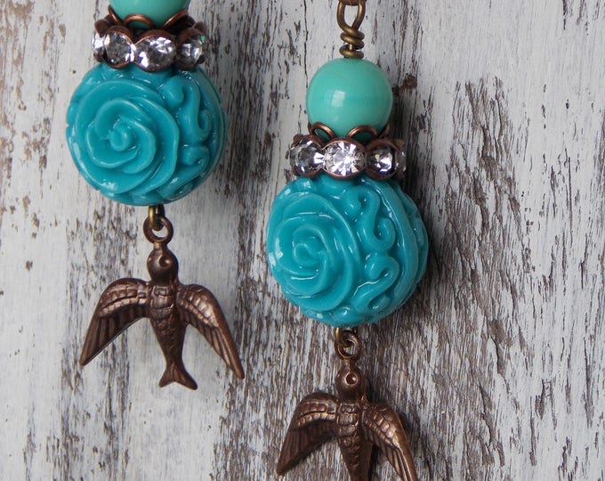 Romantic Sparrow Earrings Turquoise Flower Rose Bird Brass Dangle Earrings Victorian Style Swallow Bird Czech Glass Boho Rhinestone Jewelry
