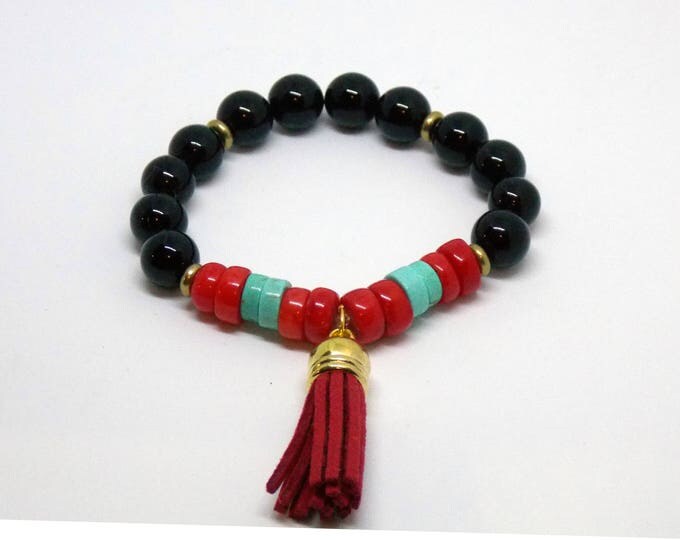 Red Coral Black Onyx Gemstone Bracelet Suede Tassel Stretch Bracelet Turquoise Heishi Brass Beaded Stack Trendy Layering Bracelet
