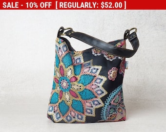upcycled handbag, small handbag, upcycled bag, canvas handbag, small canvas bag, mandala bag, evening bag, womens handbags