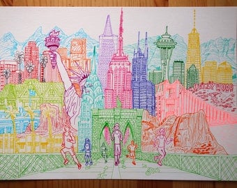 United States Illustration A4 Original Drawing