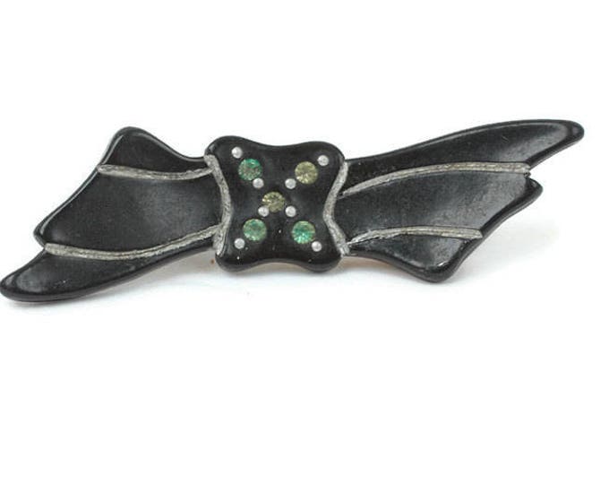 Art Deco Black Celluloid Pin Bow Shape with Rhinestones Etched Design Vintage