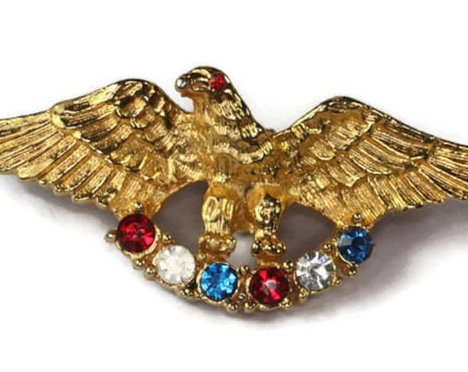 Patriotic Eagle Pin Red White and Blue Rhinestones Gold Tone USA Vintage