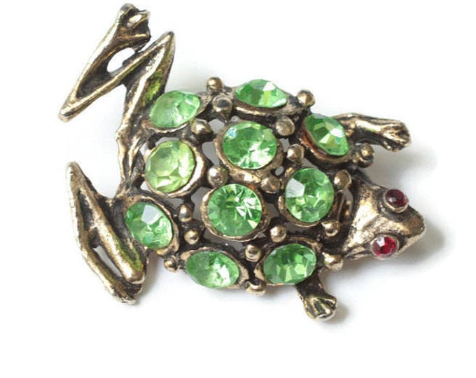 Green Rhinestone Frog Brooch Gold Tone Dimensional Figural Vintage