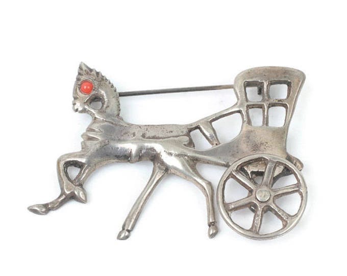 Silver Horse and Buggy Brooch Signed Eagle 3 Mexico Movable Wheel Vintage