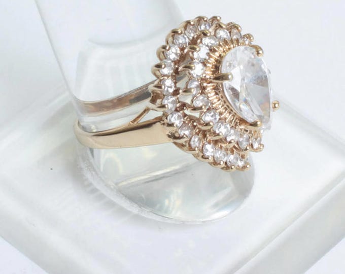 Gold Plated CZ Ring HGE Statement Cocktail Dinner Ring Signed LIND