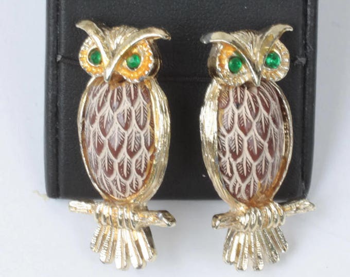 Pair of Owl Pins Brown Simulated Feathered Chest Green Rhinestone Eyes Smaller Size