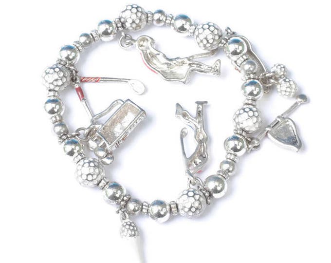 Lady Golfer Stretch Charm Bracelet 8 Enameled Charms Silver Tone Vintage