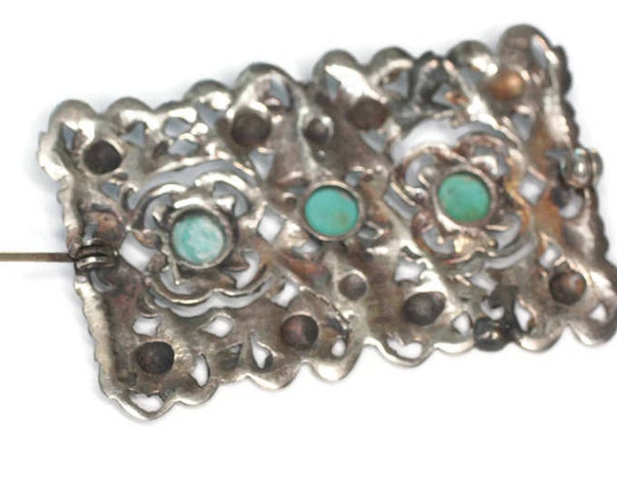 835 Silver Open Work Repousse Brooch Turquoise Cabochons Art Deco Era Signed Vintage