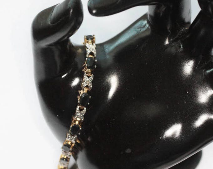 Dark Blue Gemstone Tennis Bracelet Clear Gemstone Accents Signed China