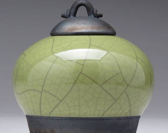 Small Ceramic Jar with lid, Raku fired art pottery,black and olive green ,home decor, small urn