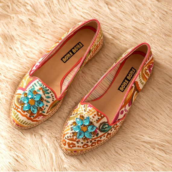 Items similar to Floral Flower Flats Shoes with Stone Coloured Flower ...