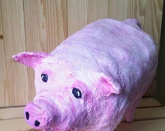 Large Recycle Art Paper Mache Pink Pig -