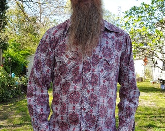 Mens 70s Western Shirt by Karman, Vintage Shirt, Cowboy Shirt, 70s Costume, 70s Shirt in Red Print Size M