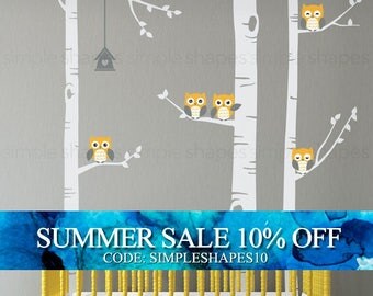 Birch Tree Wall Decal, Birch Tree With Owls Wall Sticker Set, Birch Tree Decal, Baby Nursery Wall Stickers W1118
