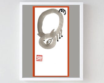 Pig, Chinese New Year of the Pig, Chinese Zodiac, Original Zen Art Sumi e Ink Painting, japanese scroll, zen decor, childs room, nursery art
